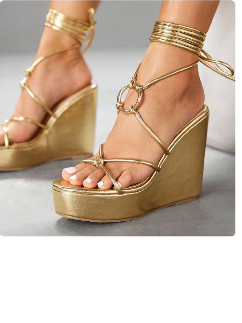 FSJ Gold Metallic Wedge Heel Open Round Toe Tie-Up Platform Sandals